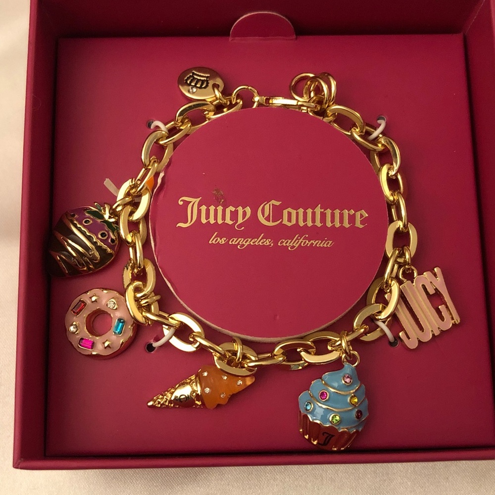 Juicy Couture Gold Tone Sweet Dessert Charm Bracelet With 5 Charms Crystal NIB